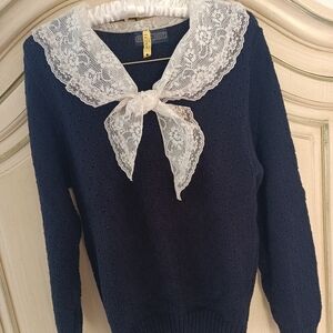 VINTAGE 1980S/90S "HERMAN GEIST" NAVY COTTON SWEATER WITH ATTACHED LACE COLLAR!